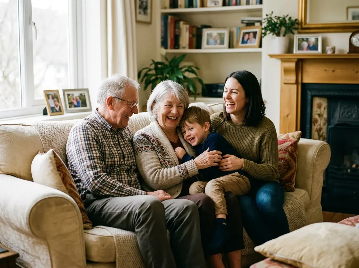 A happy multi-generational family together at home, reassured their Will and Lasting Power of Attorney are sorted